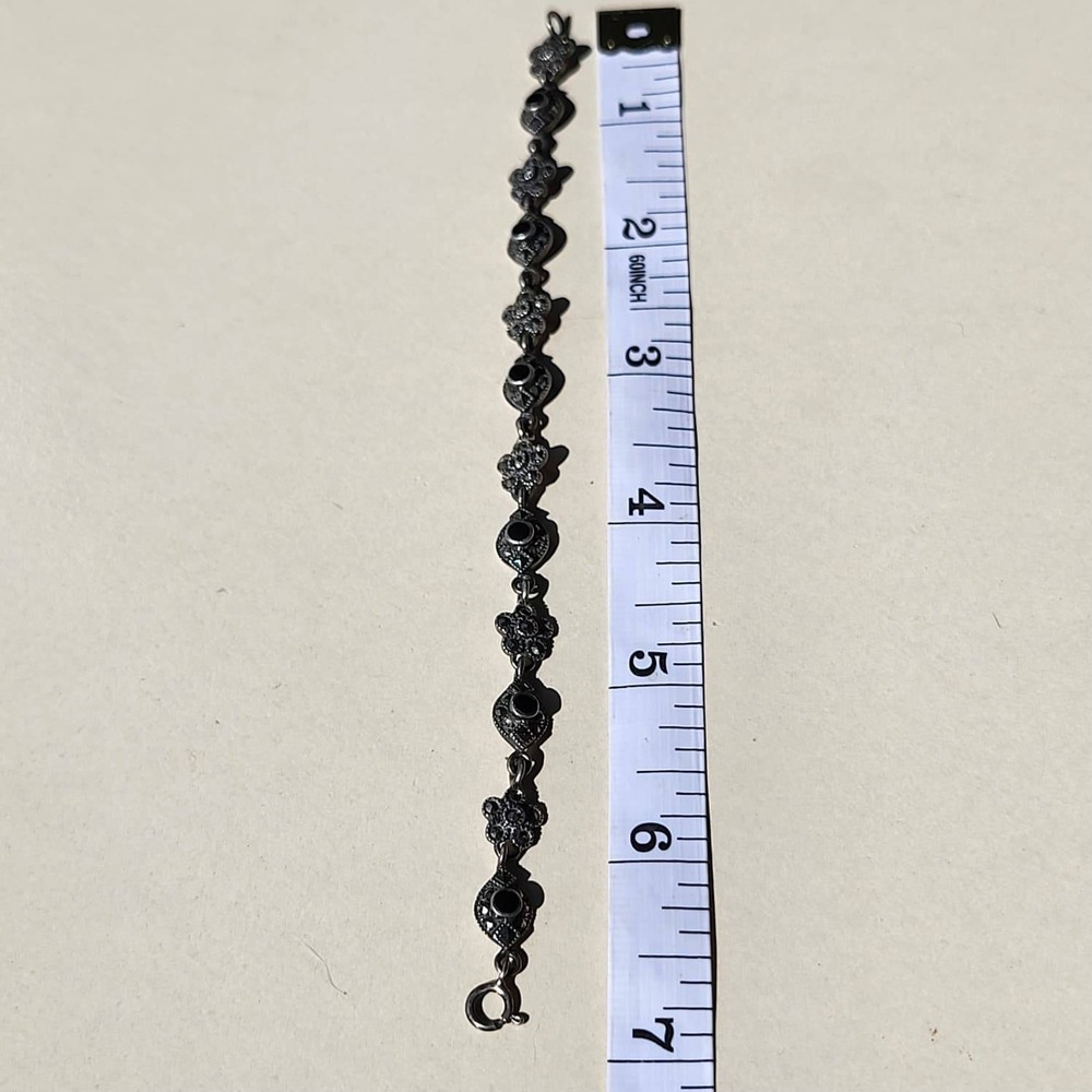 Vintage 925 Sterling Silver Black Onyx Marcasite Panel Link Bracelet Art Deco - Picture 3 of 10